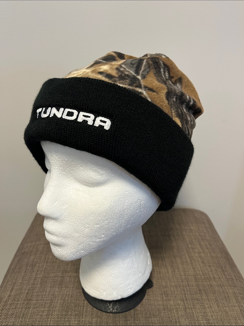 Tundra Black Cuffed Beanie with Brown Camo Top